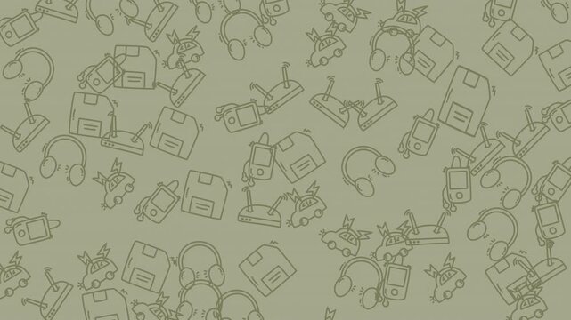 Seamless technology pattern with retro tech icons like floppy disks, headphones, and routers. Perfect for digital backgrounds, techrelated designs.