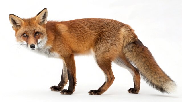 Cute young red fox (Vulpes vulpes) mammal with beautiful fur standing on snow, a wild animal portrait - Powered by Adobe