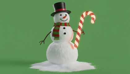 A cheerful snowman holding a striped candy cane against a vibrant green background, perfect for holiday-themed designs.