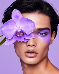  male model with black hair and purple eyeshadow holds up an orchid flower to cover one eye