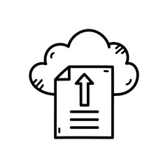 Black And White Doodle Of Cloud Data Upload For Digital Asset Management With Transparent Background