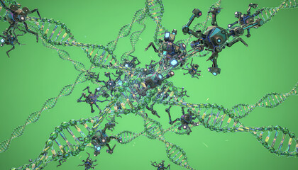 A detailed visual representation of DNA structures interspersed with futuristic robotic elements, showcasing innovation in genetic engineering.