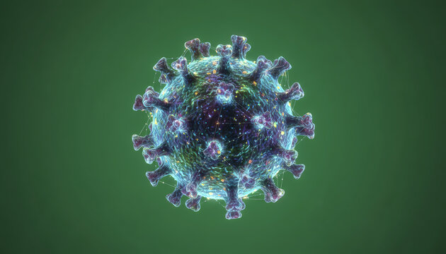 A detailed illustration of a virus particle, showcasing its structure and complexity, against a vibrant green background. - Powered by Adobe