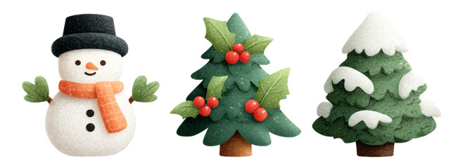 Cute Snowman and Christmas Trees Illustration with Isolated Background