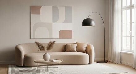 A beige curved sofa abstract wall art and an arched lamp define a neutral room with a window sheer curtains a rug and a table
