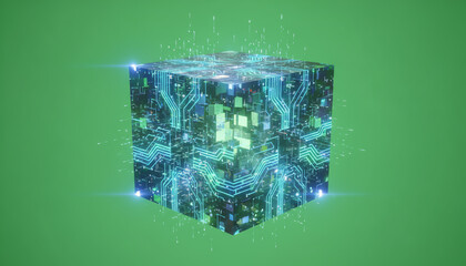 A futuristic, glowing cube featuring digital circuits and patterns, set against a vibrant green background, symbolizing innovation.