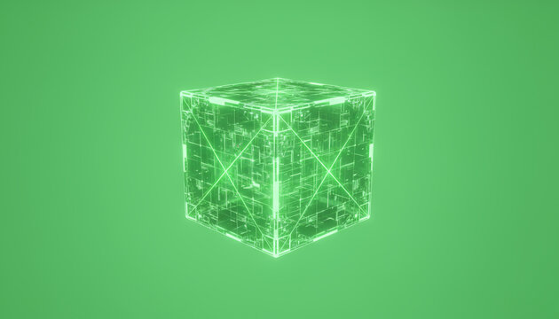 A futuristic green holographic cube showcasing digital connections and networks, representing advanced technology and innovation.