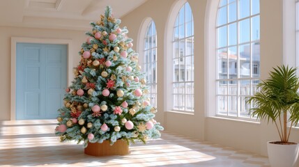 Elegant Christmas tree adorned with pastel ornaments in cozy interior