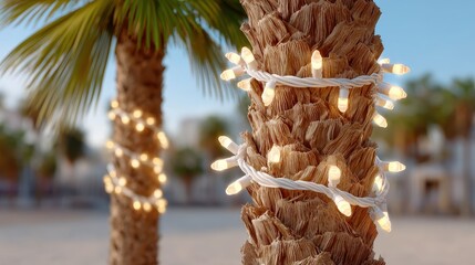 Tropical Christmas palm trees decorated with glowing string lights