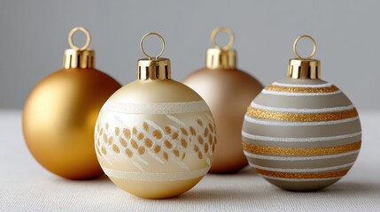 Four elegant Christmas ornaments in gold cream and grey with festive patterns