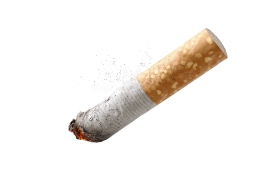 Extinguished cigarette butt with tan speckled filter and twisted gray paper, faint ember glow and scattered ash pieces, isolated on transparent background.
