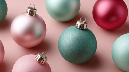 Pastel Christmas ornaments scattered on a pink surface