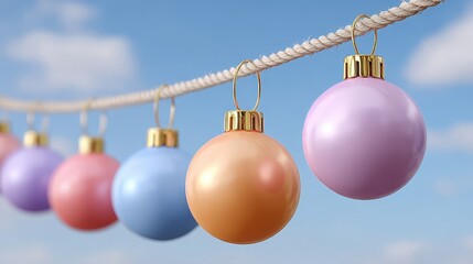 Pastel Christmas ornaments hanging on a rope against a blue sky