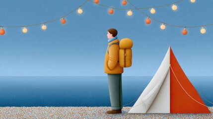 Person with backpack by tent on beach under string lights near the sea