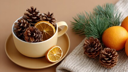 Pinecones and dried orange slices in a rustic cup