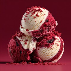 Rich Red Velvet ice cream scoops with creamy swirls garnished with cake crumbs