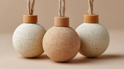 Three rustic hanging ornaments with wooden tops on a neutral background