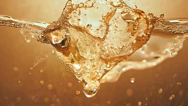 An elegant and luxurious video of golden liquid splashing and dripping in slow motion, creating a dynamic and abstract visual perfect for a high-end product or brand reveal