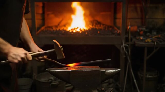 blacksmith hammers red hot metal sparks flying