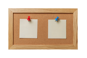Minimalist wooden frame in warm oak tone with mitered corners, corkboard center holding two cream notecards pinned with red and blue pushpins, isolated on transparent background.
