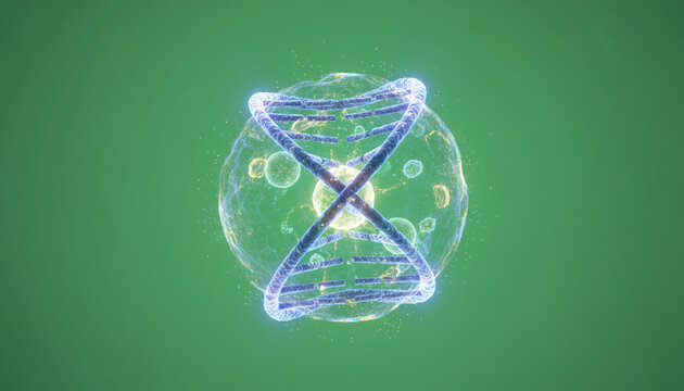 A vibrant illustration of a DNA strand encased within a molecular structure against a vivid green background.