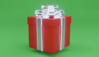 A vibrant red gift box with a shiny bow, perfect for celebrations and holidays, set against a bright green background.