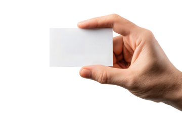 Human hand presenting an empty business card, lifelike texture with fine creases and gentle lighting, angled for display, isolated on transparent background.