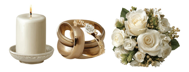 Elegant Candle, Wedding Rings, and White Floral Bouquet Display