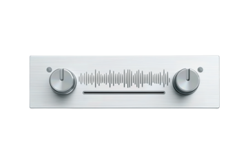 Modern audio control panel with two vertical sliders and a clean waveform bar below, finished in cool gray anodized metal, minimalist interface, isolated on transparent background.
