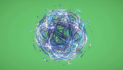 An abstract depiction of atomic energy represented by swirling particles and light, set against a vibrant green background.