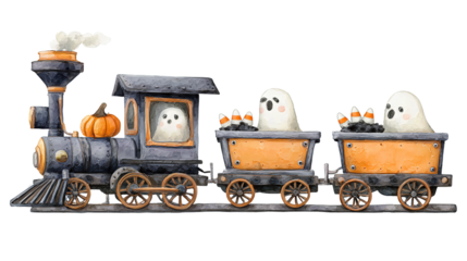 Whimsical Halloween-themed train featuring dark engine, orange car, and translucent ghost caboose, candy-corn decorations, playful charm, isolated on transparent background.
