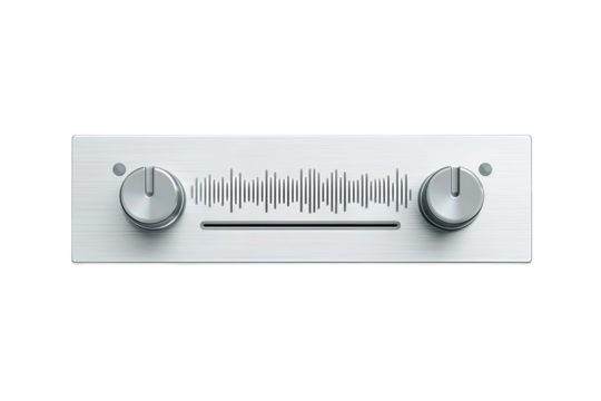 Modern audio control panel with two vertical sliders and a clean waveform bar below, finished in cool gray anodized metal, minimalist interface, isolated on transparent background.

