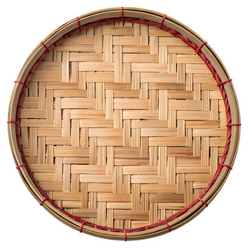 A diagonal basketweave pattern in natural, light brown bamboo. A darker, more solid bamboo rim encircles the edge, which is secured at various points with thin, bright pink or red plastic ties.
