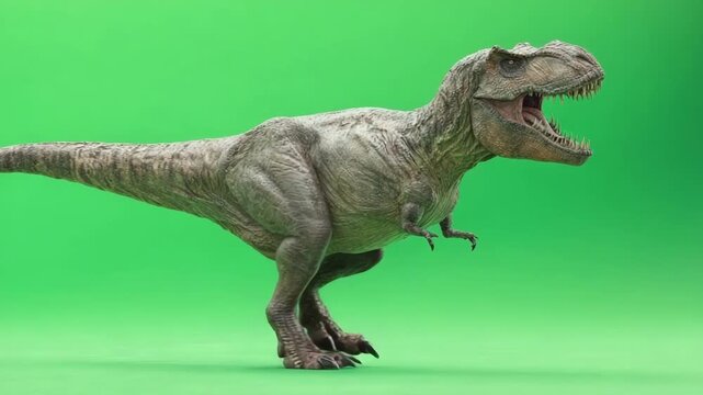 A model of a running Tyrannosaurus rex against a bright green screen background.