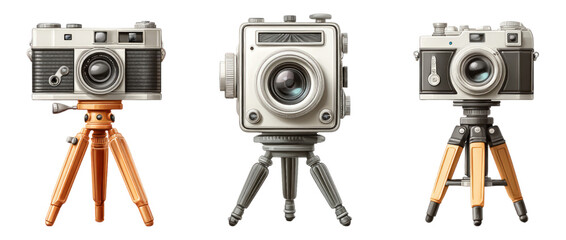 Vintage Cameras on Tripods with Isolated Transparent Background