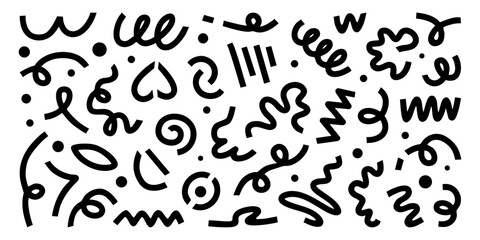 Black thick line doodles and dots, childish and boredom abstract drawings. Cute posters and banners design elements, stickers and vector art.