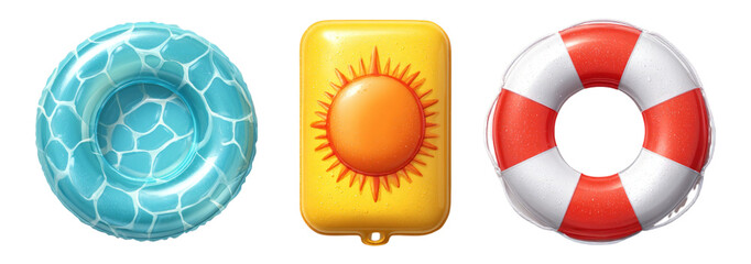 Colorful Pool Float Illustrations with Lifebuoy and Sunblock