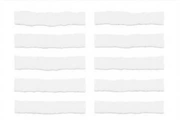 Ripped white paper strips with jagged edges for note or tag text, set on transparent background