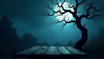 Mysterious forest at night with a wooden table under a bright moon