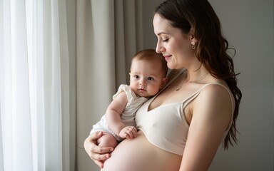 Portrait of pregnant woman with her daughter. High quality