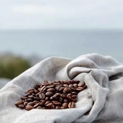 Photo of coffee beans scattered on burlap cloth overcast sky