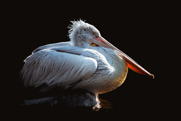 Dalmatian pelican (Pelecanus crispus) resting on a rock in the water on a black background