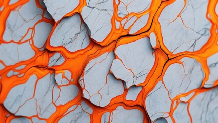 Cracked white surface with glowing orange magma flowing between sharp edges. Generative AI.