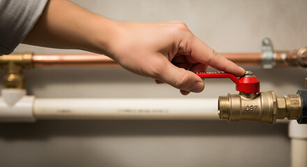 Hand turning off water valve with piping system for plumbing maintenance. Turning off water valve ensures water supply cut, crucial for repairs, renovations.