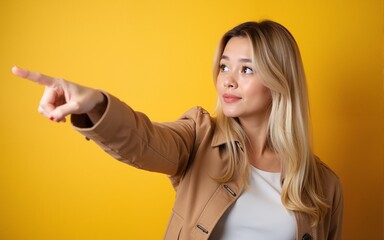 Young caucasian blonde woman points sideways, is trying to choose between two options. High quality