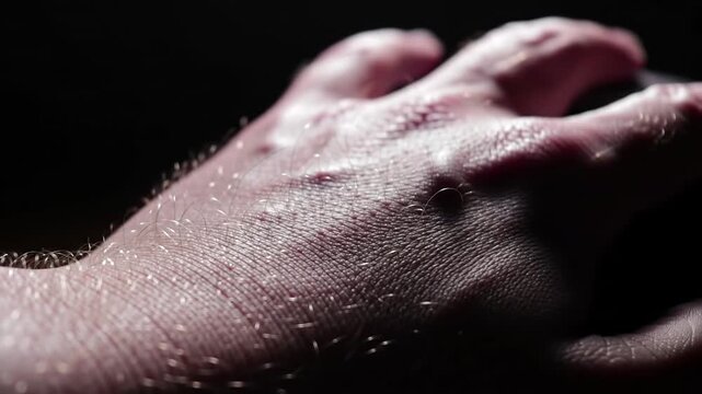Closeup of a human hand with goosebumps and hair standing on end illuminated by a dramatic light creating a chilling and textured visual effect on the skin.
