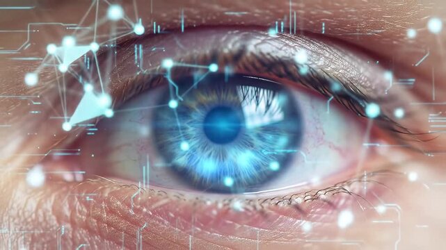 Closeup of a human eye with digital network connections and glowing data points symbolizing artificial intelligence biometric scanning and advanced technology in a futuristic context. - Powered by Adobe