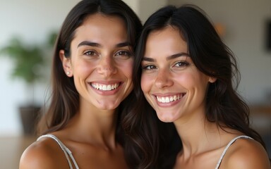 Two women smiling and looking at the camera. High quality