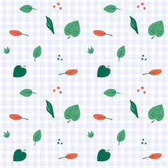 Pattern with flat illustrations of green plants on a checkered background