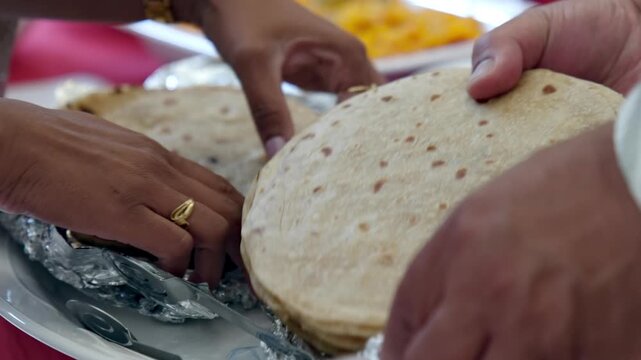 Hands carefully unwrap warm chapati from foil at an Indian wedding buffet. Traditional flatbread preparation scene capturing authentic Indian cuisine and festive catering.